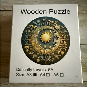 Celestial Wooden Puzzle with Sun and Moon Motif